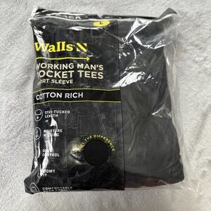 NEW Walls Working Man's Pocket Tees Cotton‎ Rich Large Black Short Sleeve 2 Pack